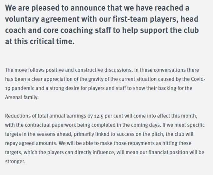 英超球队也开始降薪！阿森纳球员教练自愿降薪12.5%